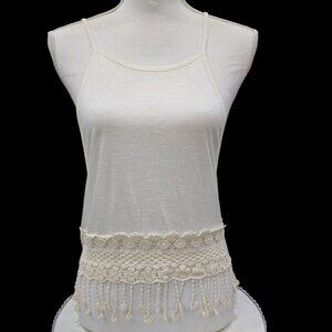 Poetry White Boho Crochet Lace Tank – Tassel Hem – Halter Neck – Size S